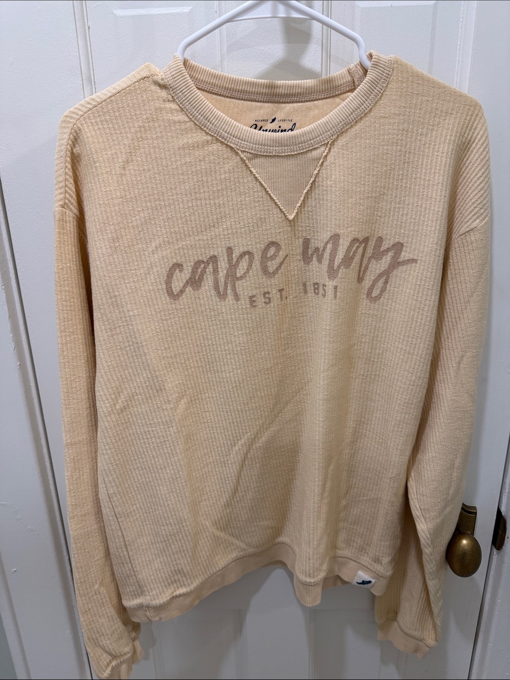 League Beige Waffle Knit Crewneck Sweater with 'cape may' Script